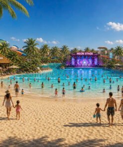 Công viên nước nhộn nhịp với bể tạo sóng, sân khấu ca nhạc, cầu trượt và bãi biển nhân tạo đông đúc khách du lịch